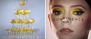 A champagne tower on the left and a close-up of a woman's face with yellow eyeshadow and the word 'CONFIDENCE' on her nose.