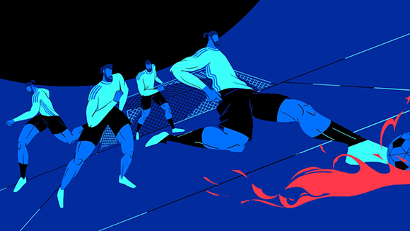 Blue stylized illustration of four soccer players running and kicking a ball against a dark blue background.