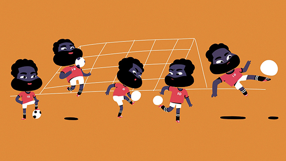 Stylized illustration of five Black soccer players with large beards playing with a ball near a goal.