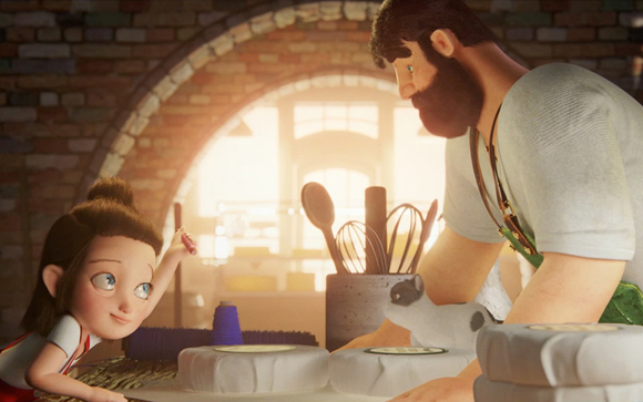 A large bearded man and a small girl with dark hair look at each other in a sunlit kitchen.