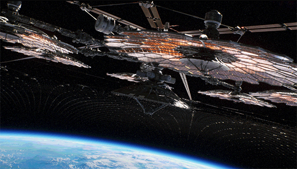 A massive, circular space station with solar panels orbiting above the blue curve of Earth.