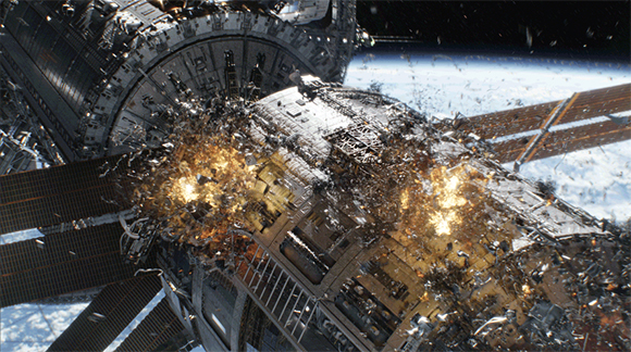 A massive, metallic space station disintegrating in orbit with bright orange explosions and debris.