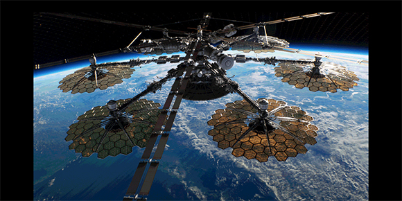 A complex space station with large, hexagonal solar panels orbiting above Earth's blue atmosphere.