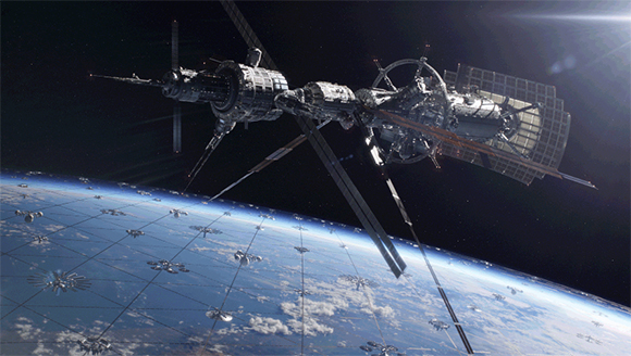 A complex, metallic space station with solar panels orbiting above the blue Earth and clouds.