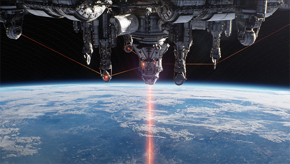 A large, complex space station orbits Earth, emitting a bright red beam toward the planet's surface.