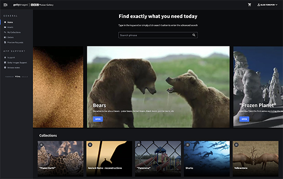 BBC Motion Gallery website showing search bar and video collections for Bears, Frozen Planet, and more.
