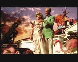 A man in a green suit and a woman in a patterned dress stand together in front of a sunset sky.