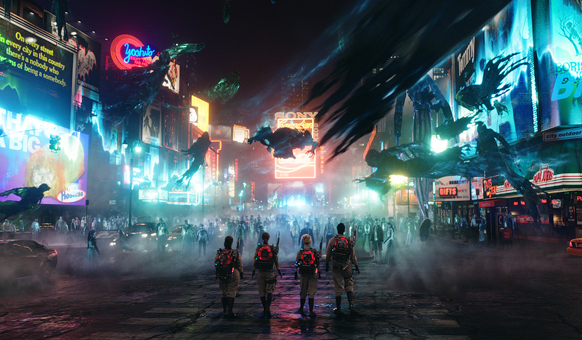 Four people in tactical gear stand in a foggy, neon-lit city street looking up at flying dark shadows.