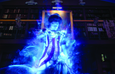 A luminous blue ethereal figure wearing a striped garment in a dark library setting.