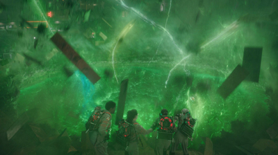 Four people in gear stand before a massive, swirling green energy vortex filled with floating debris.