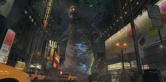 A massive, glowing-eyed creature towers over a busy city street lined with neon signs and yellow taxis.