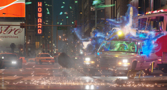 Blue ghostly figures swarm a white car on a busy city street at night amidst sparks and bright lights.