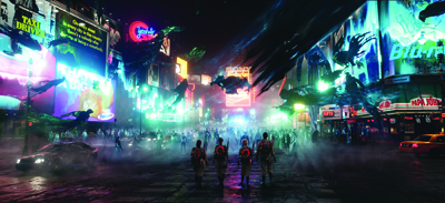 Shadowy monsters hover over a crowded, neon-lit city street at night.