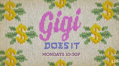 Knitted texture background with pink text 'Gigi DOES IT' and yellow dollar signs surrounded by green leaves.