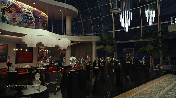 A dark, modern showroom featuring glass sculptures on pedestals and large-scale colorful murals.