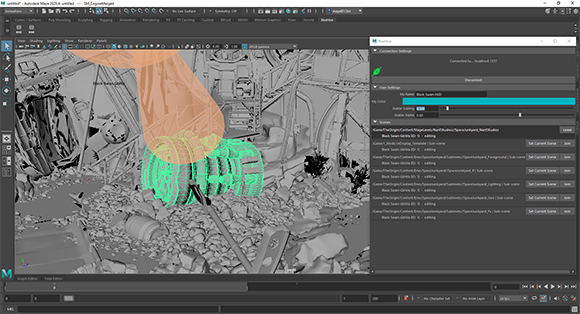 A 3D modeling software interface showing a complex, gray mechanical structure with green and orange overlays.