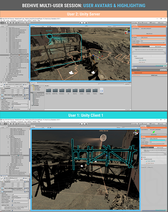 Two screenshots of the Unity game engine showing rocky 3D terrain with blue outlines and interface panels.