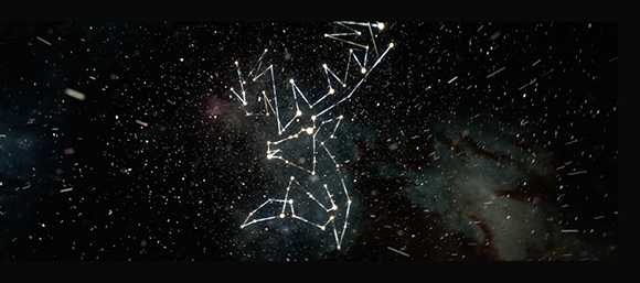 White lines connect bright stars to form geometric constellation patterns against a dark, starry space background.