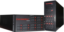 Two black ExtremeStor server chassis with red branding and perforated front panels.