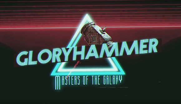 Neon teal logo for Gloryhammer Masters of the Galaxy over a glowing triangle and a hammer.