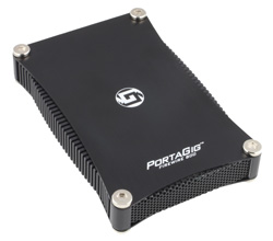 A black Portagig Firewire 800 rectangular electronic device with silver corner screws.