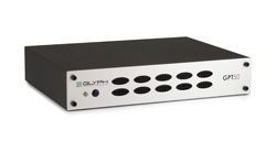 A rectangular black audio device with a silver front panel featuring ventilation holes and the Glyph logo.