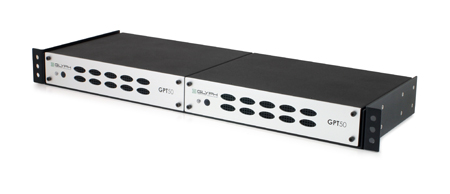 Two black Glyph GPT50 audio power amplifiers positioned diagonally on a white background.