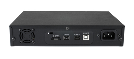 Rear panel of a black electronic device with E-SATA, FireWire 800, USB 2.0, and a power socket.