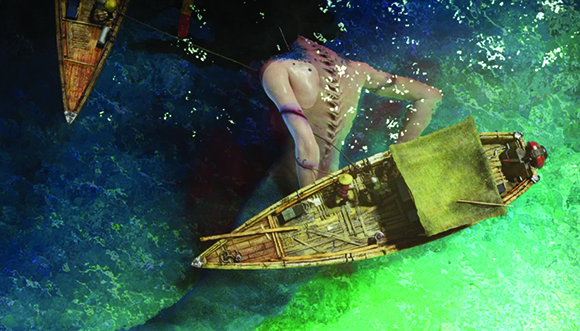 A large, pale figure floats underwater near two small wooden boats in green-tinted water.