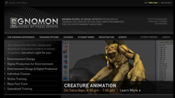 Website for Gnomon School of Visual Effects featuring a 3D creature animation model.