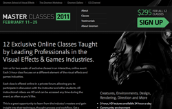Promotional banner for 12 online visual effects and games master classes held February 11-25, 2011.