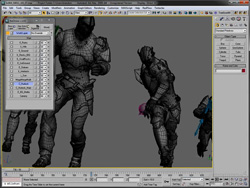 A computer screen displaying 3D wireframe models of armored characters in a modeling software interface.
