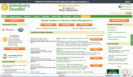 GoIndustry DoveBid website showing online auction services and a calendar of upcoming asset sales.