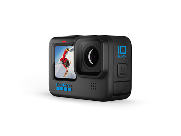 A black GoPro HERO10 Black action camera angled to the side against a white background.