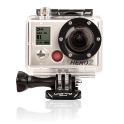 A GoPro HERO2 action camera inside a clear waterproof case with a small digital display.