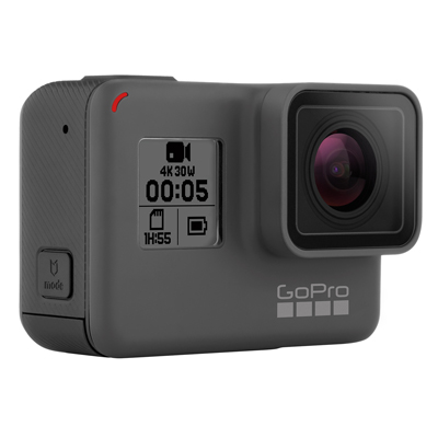 A black GoPro action camera with a digital display showing 4K 30W and a timer.