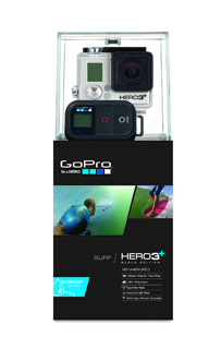 GoPro HERO3+ Black Edition camera in a clear waterproof housing above its product packaging.