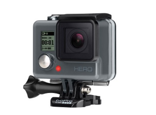 A gray GoPro HERO action camera with a small digital display and a black mounting base.