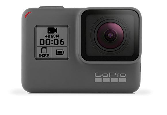 A gray GoPro action camera with a large lens and a small digital display screen.