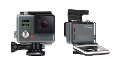 Front and side views of a grey GoPro HERO action camera against a white background.