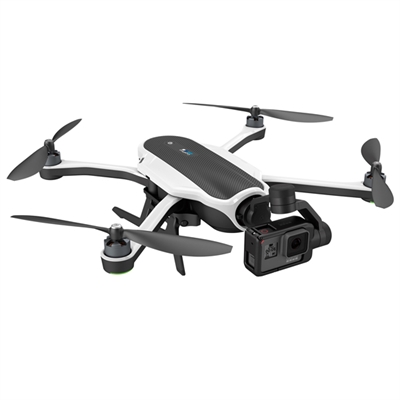 A white and black quadcopter drone with four propellers and a mounted camera.