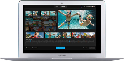 A silver laptop screen showing a grid of video thumbnails featuring children swimming and playing in water.