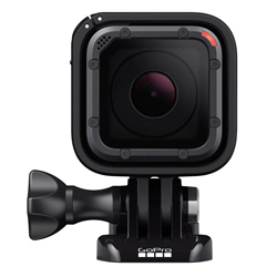 A black action camera with a large lens attached to a mounting base.