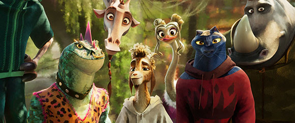 A group of diverse animated animals, including a rhino, cat, giraffe, and lizard, looking toward the camera.