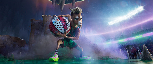 An anthropomorphic goat in sports gear running while holding a patterned ball in a glowing, mystical environment.