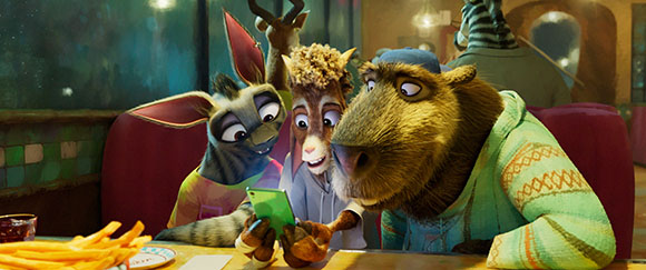 Three animated animals sit at a diner table, peering intently at a green smartphone held by one of them.