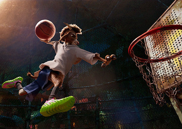 An anthropomorphic animal in a white shirt and blue shorts jumps toward a basketball hoop with a ball in hand.