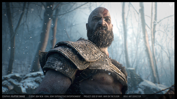 A bearded man with a scar on his forehead wears heavy, textured armor in a snowy forest.