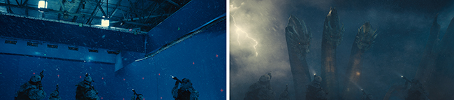 Split screen: left shows soldiers in a blue digital training room; right shows giant monsters in a stormy sky.