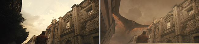 A person stands before a large stone building under a hazy sky; a massive winged creature looms in the second view.